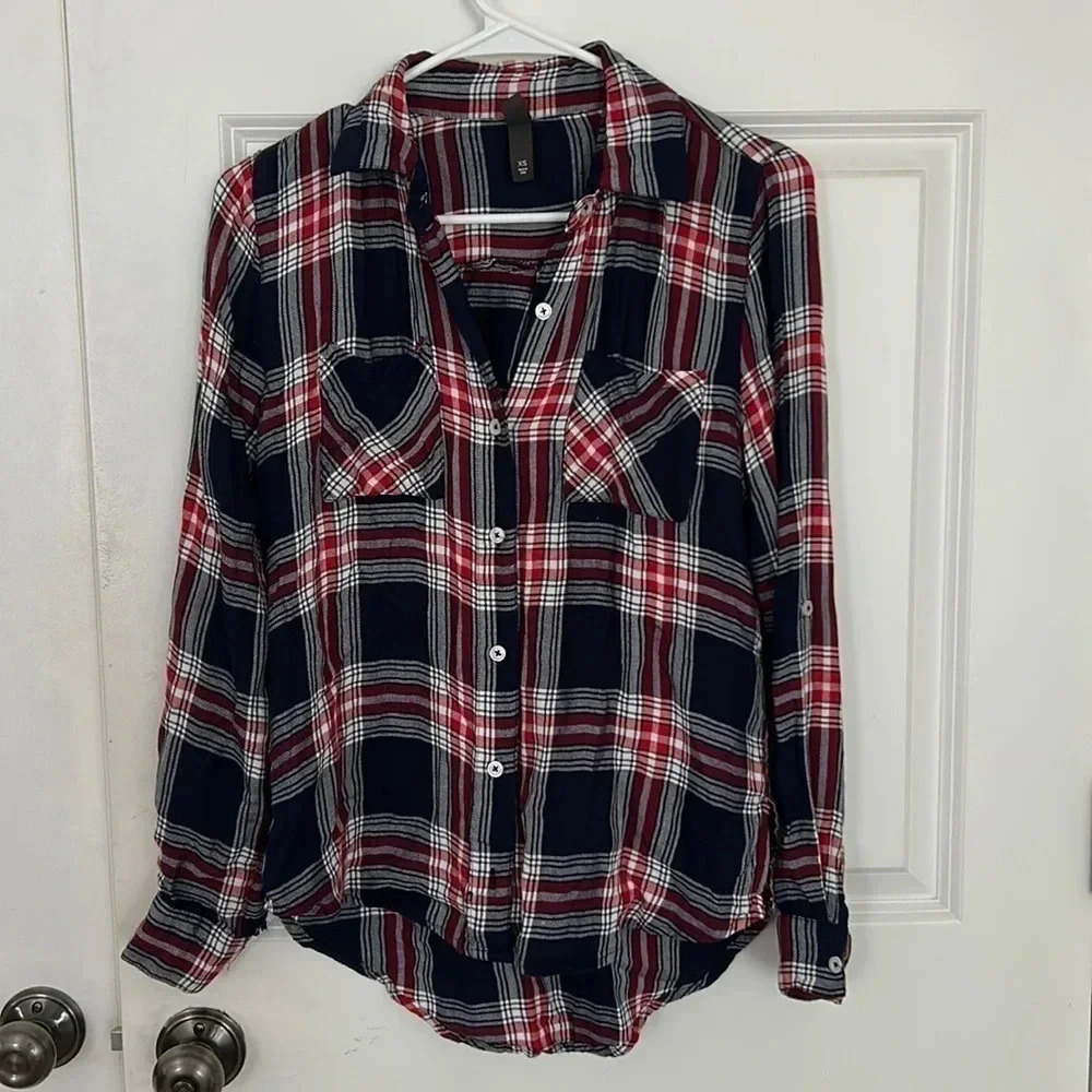 Alya plaid shirt size XS button down long sleeve navy blue red and white
